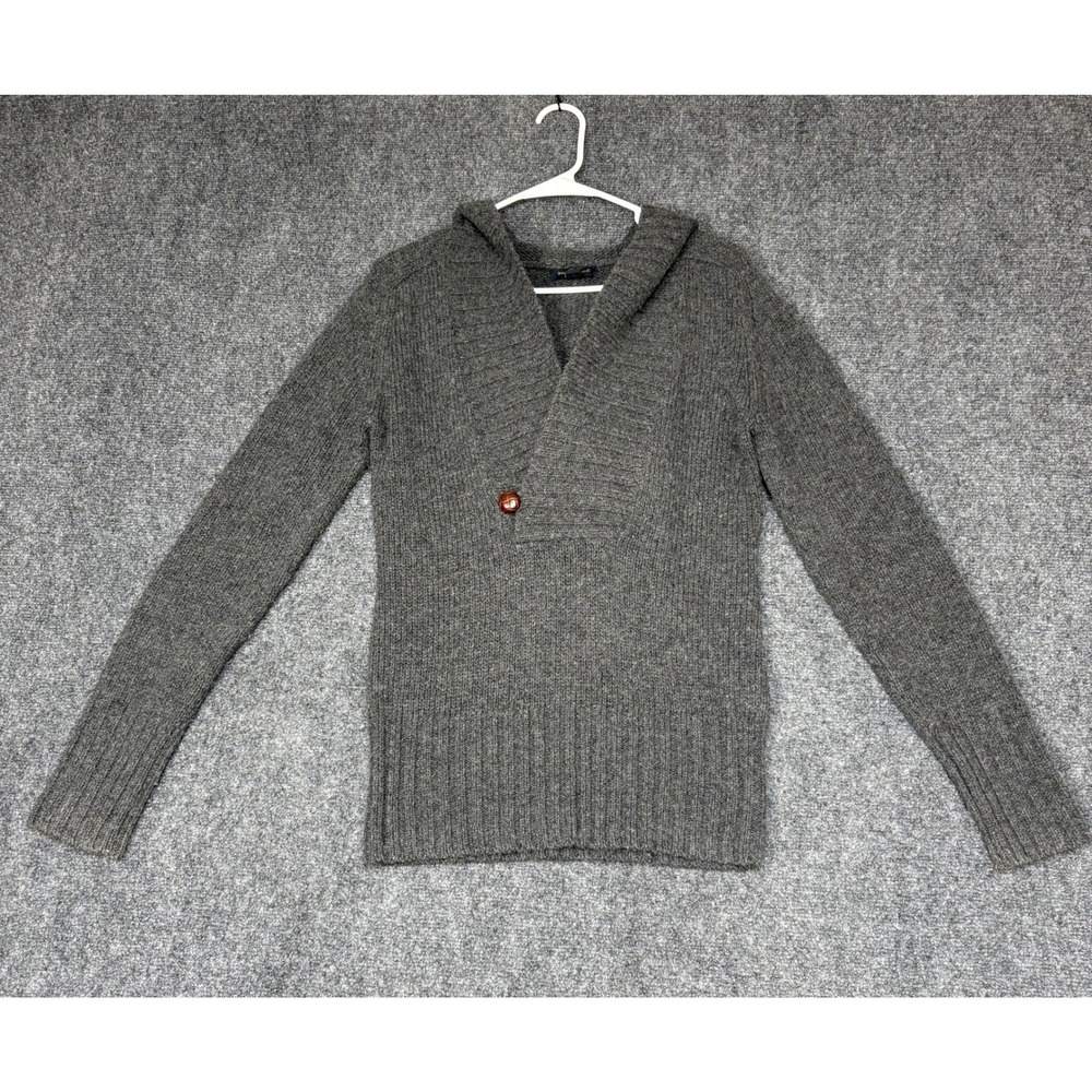 Banana Republic Hoodie Sweater Womens Medium Gray Lambswool Blend Ribbed V-Neck